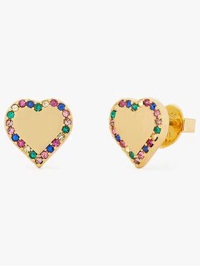 NWT Kate Spade Gold Rainbow Heart Stud Earrings with Multicolor Crystal Accents